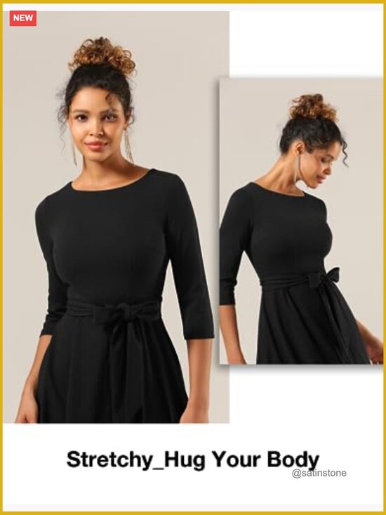 Vintage Cocktail Dress with 3/4 Sleeves, A-Line Fit and Flare, Nylon Elastane - Picture 4 of 7